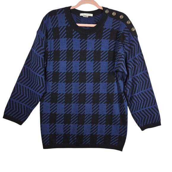 Vintage The Limited Sweater Womens Medium Blue Plaid Button Shoulder 80s 90s - Picture 1 of 12